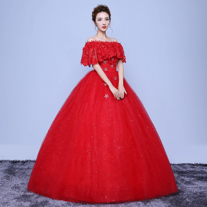 AnXin SH Princess vintage flower red luxury beading crystal boat neck ruffles lace ball gown white customized wedding dress