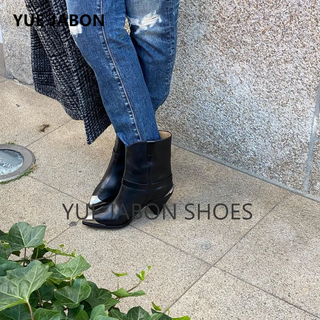 Stivaletti con punta a punta in metallo stivaletti chelsea con tacco alto in vera pelle scarpe da passerella stivali da cowboy da donna cosacchi