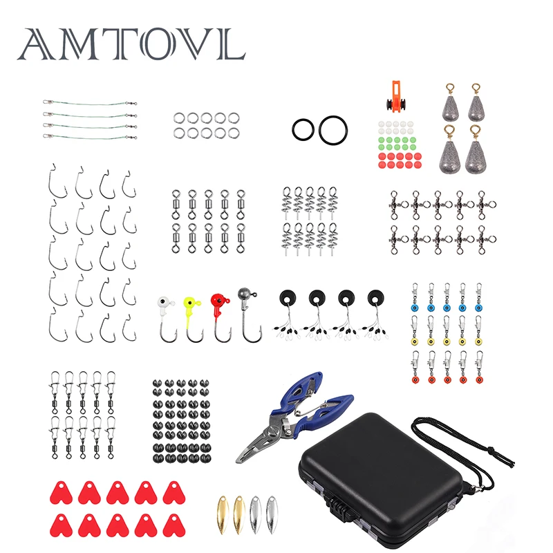 

AMTOVL портативные 188 шт. различные рыболовные аксессуары, инструменты для приманок, вертлюги, зажимные крючки, коробка для рыболовных снастей, комплект грузов, зажимы для приманки