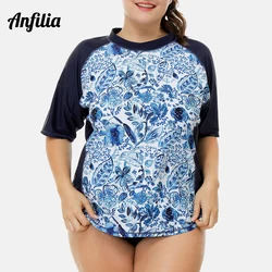 Anfilia Women Short Sleeve Rashguard Retro Floral Print Swimsuit Shirts Womens Plus Size Swimwear UPF50+ Rash Guard Beach Wear