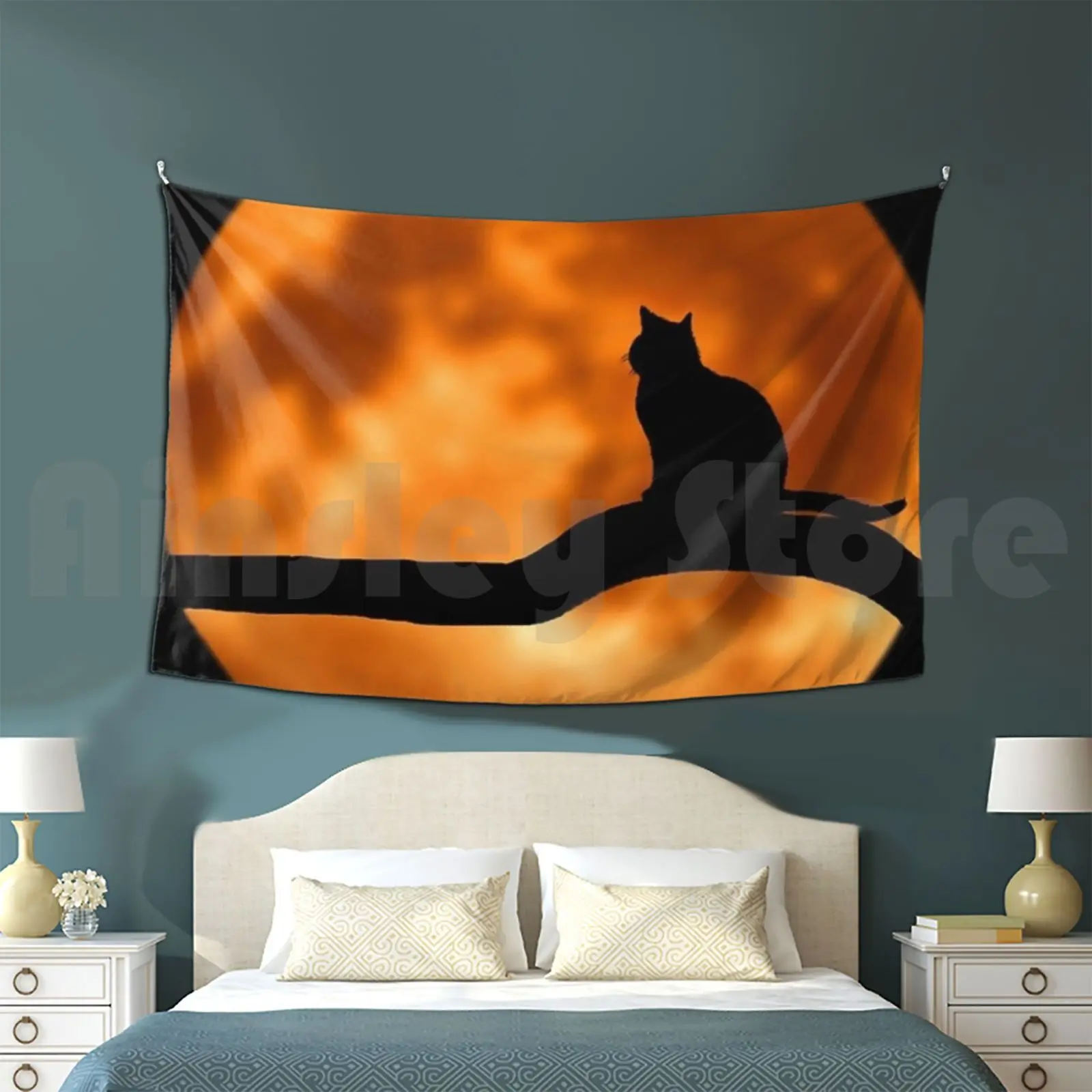 Moonlight Cat... Tapestry Background Wall Hanging Moonlight Cat Moon Cat Branch Night Animal Silhouette Romance Mood