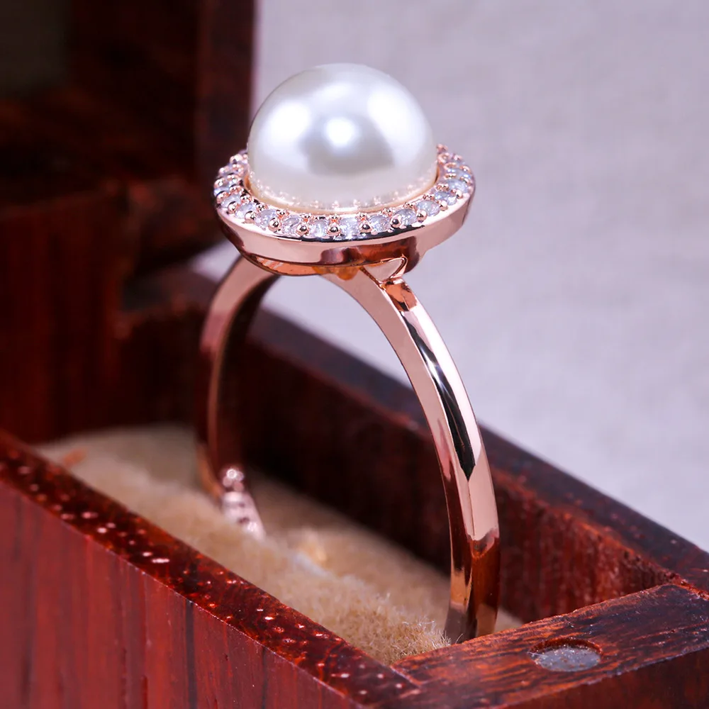 Fashion Zircon Rose Gold Plated Pearl Ring Charm Lady Ring Elegant Girl Jewelry Cocktail Ring Birthday Gift Size Us6-10