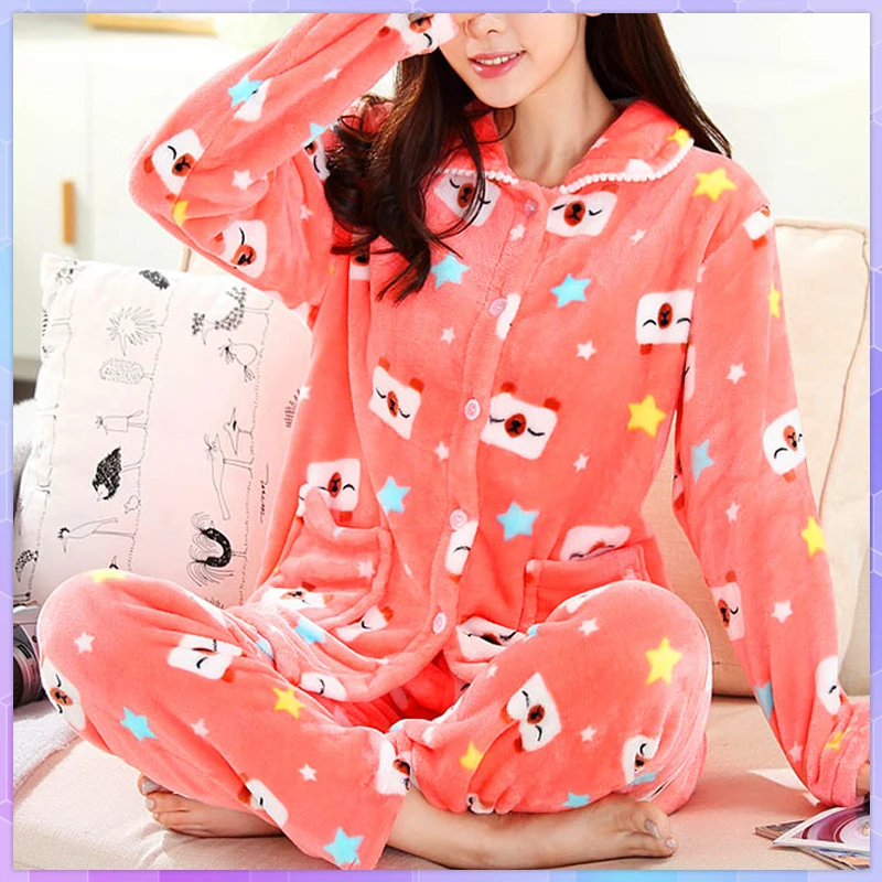 dot print Warm Pajamas Women Winter Flannel Pajama Sets For Female set Thick Korean Style Lovely Cartoon 2 Piece Tops+Pants