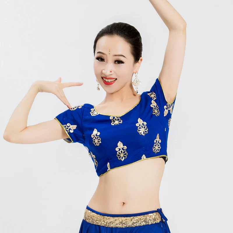 India Clothing New Embroidery Short Sleeve Tops For Women Oriental Dance Shirt Belly Dance Stage Performance Clothes DQL6078