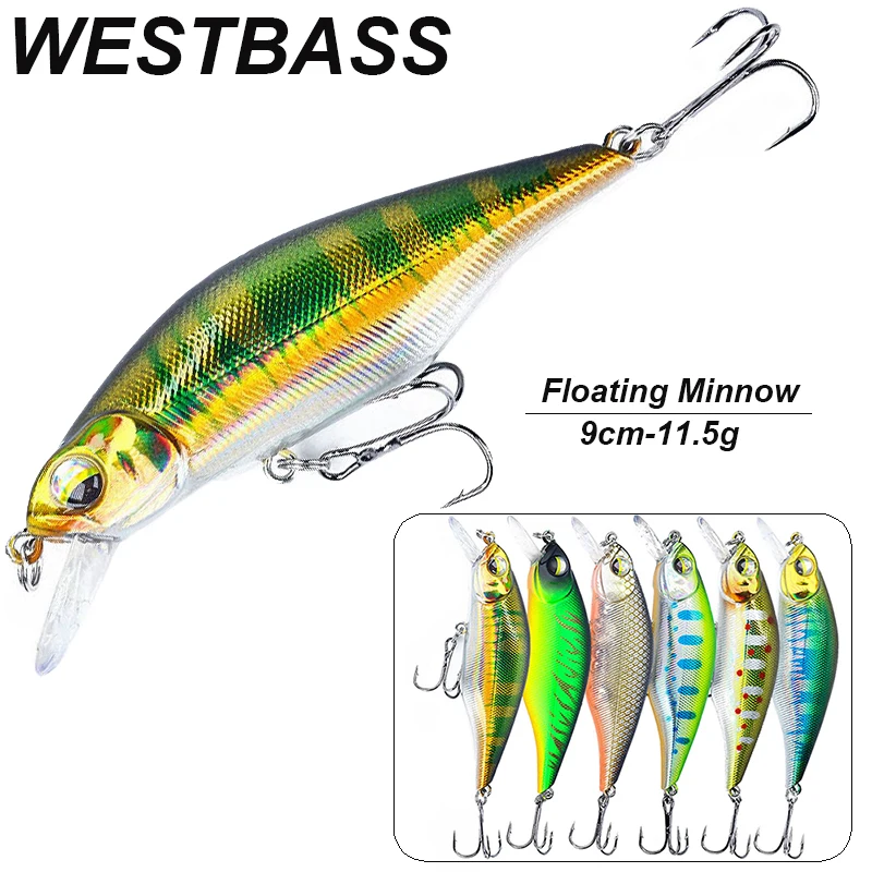 WESTBASS 1PC Minnow Bait 90mm-11.5g Floating Swimbait Noisy Fishing Lure Long Casting Wobbler Topwater Hard Crankbait Pike Isca