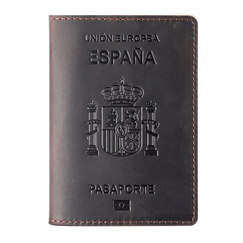 Spain Passport Cover Men Genuine Leather Retro Passport Case Women Crazy Horse Leather Handmade 100% Cowhide Travel Passport Bag