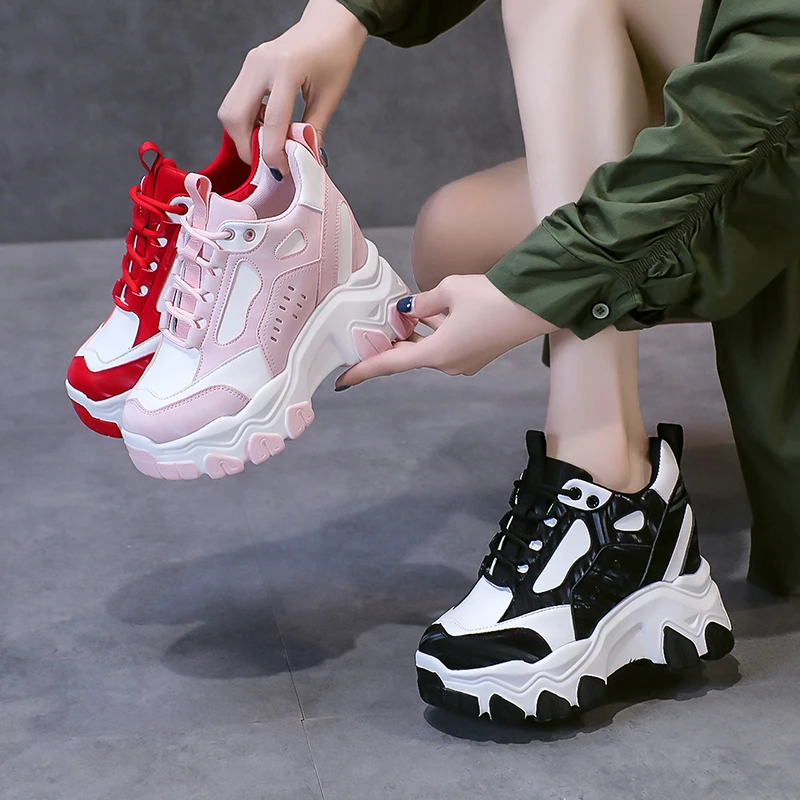 Herfst Vrouwen Lace-Up Chunky Sneakers Designer Black Dad Schoenen Hoge Platform Ulzzang Lederen Schoenen Ademend Toevallige Sportschoenen