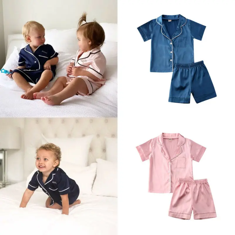 Pudcoco US Stock 1-6T Kids Baby Boys Girls Silk Pajamas Sleepwear Outfit Short Sleeve Solid Shirt + Pants Nightwear Set