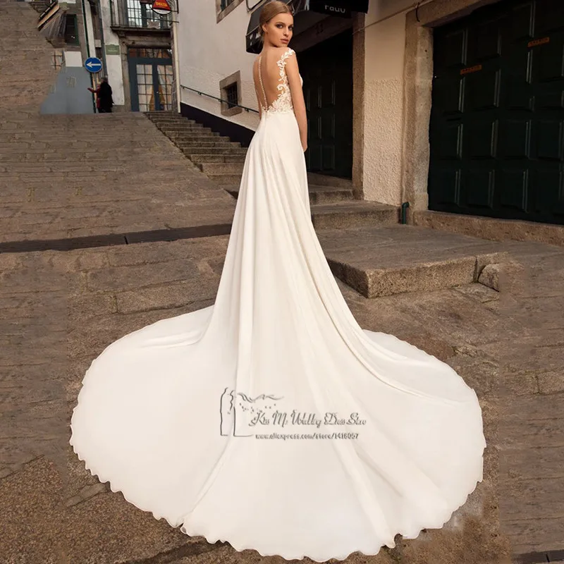 Günstige Hochzeit Kleid 2021 Cap Sleeve Gericht Zug Brautkleider China Spitze EINE Linie Brautkleider Applique Illusion Casamento