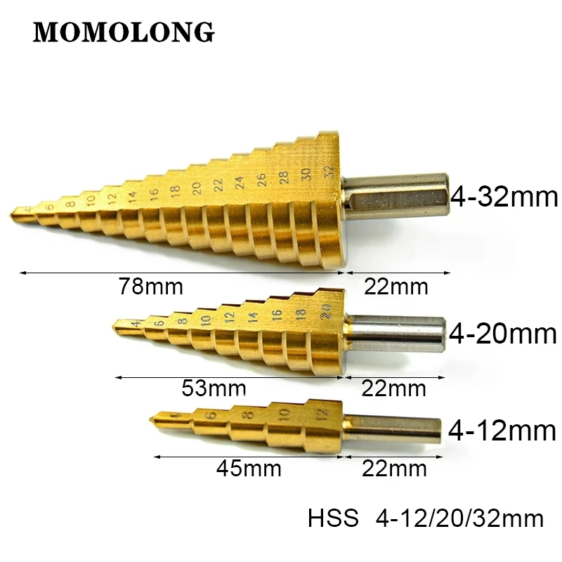 3Pcs 4-12/20/32mm trapani a gradino flauto a spirale metrica la forma della Pagoda taglierina per fori HSS punta per trapano a cono in acciaio Set punta per trapano