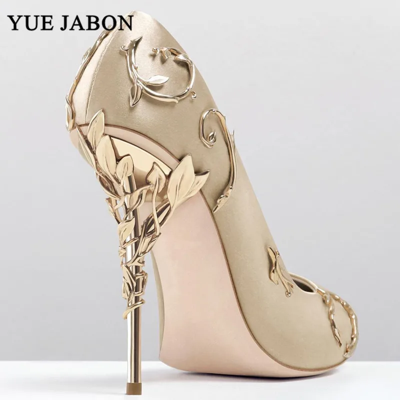 Gold Sexy Mental Heels Wedding Shoes Women  Leaves Heel Design Pointed High Heels Women Fashion Luxury Women Pink Shoes 10cm