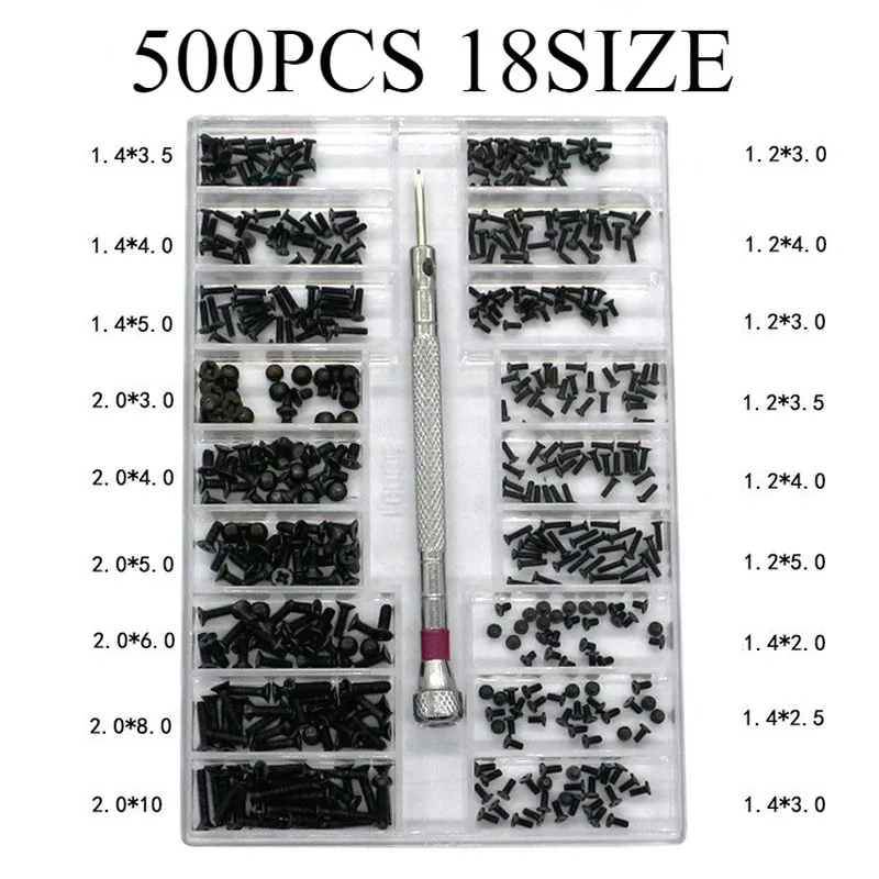 500 pz 18 tipi Mini vite Kit fai da te occhiali per Computer portatile assemblare riparazione vite di fissaggio set vite in miniatura con cacciavite