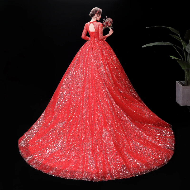 Customized New Real Photo High Neck Red Romantic Long Sleeve Wedding Dress Plus Size  Vestido De Novia Bridal Gowns For Women