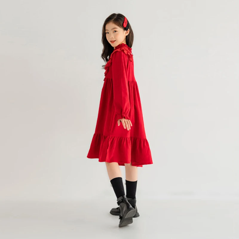 Spring Autumn Teenager Kids Dress Solid Knee Length Lace Patchwork Princess Dress for Girls Long Sleeve Robe Enfant Fille 6-16T