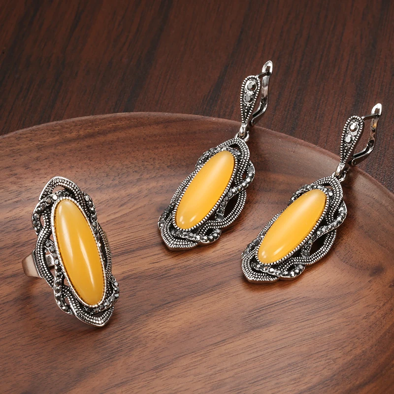 Wbmqda Hot Boho Yellow Stone Earring Ring Sets For Women Tibetan Silver AAA Gray Crystal Big Oval Earring Vintage Jewelry