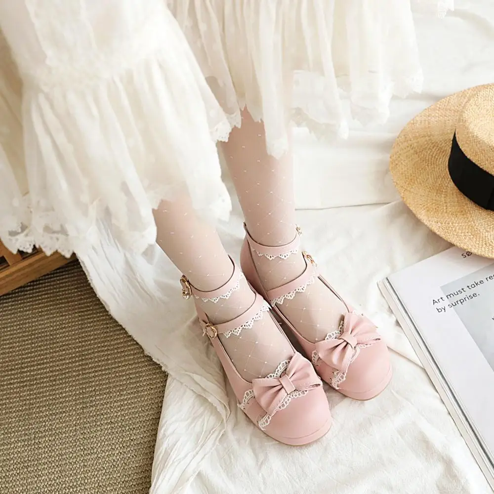 Dolce Lolita principessa Mary Janes scarpe papillon pizzo increspature incrociate Strappy Cosplay uniformi pompe donne festa di nozze ragazze