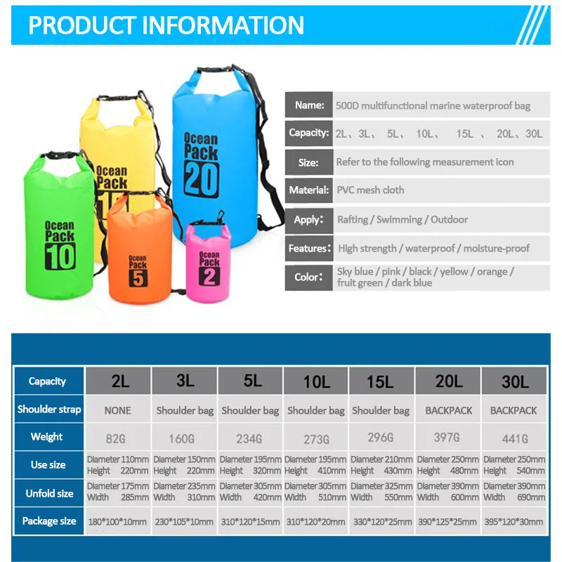 PVC Waterproof Bag 2L/5L/10L 20L Outdoor Diving Compression Storage Waterproof Bag Dry Bag For Man Women Swimming Rafting Kayak