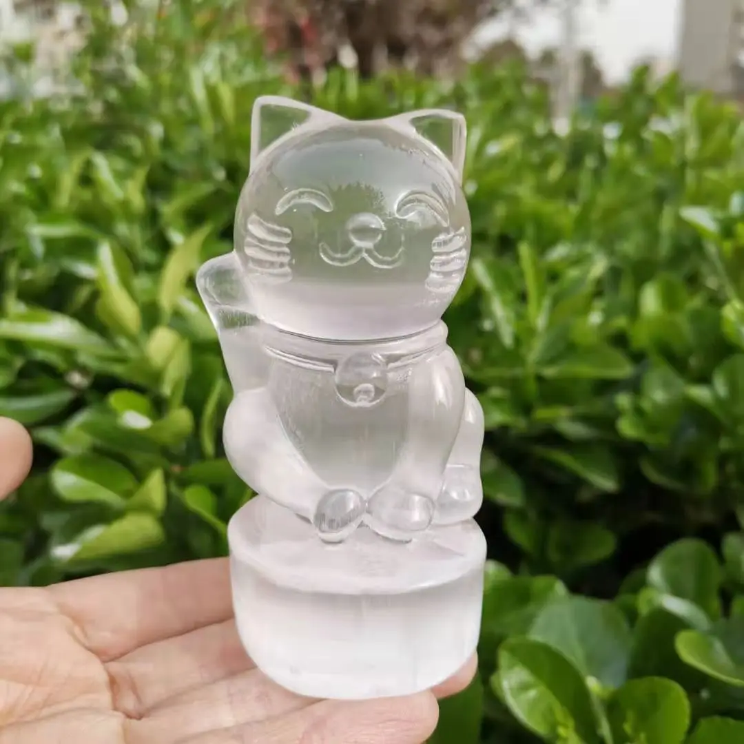 Natural selenite cat Figurines gypsum Cat Statue for Fortune Money and Good Luck