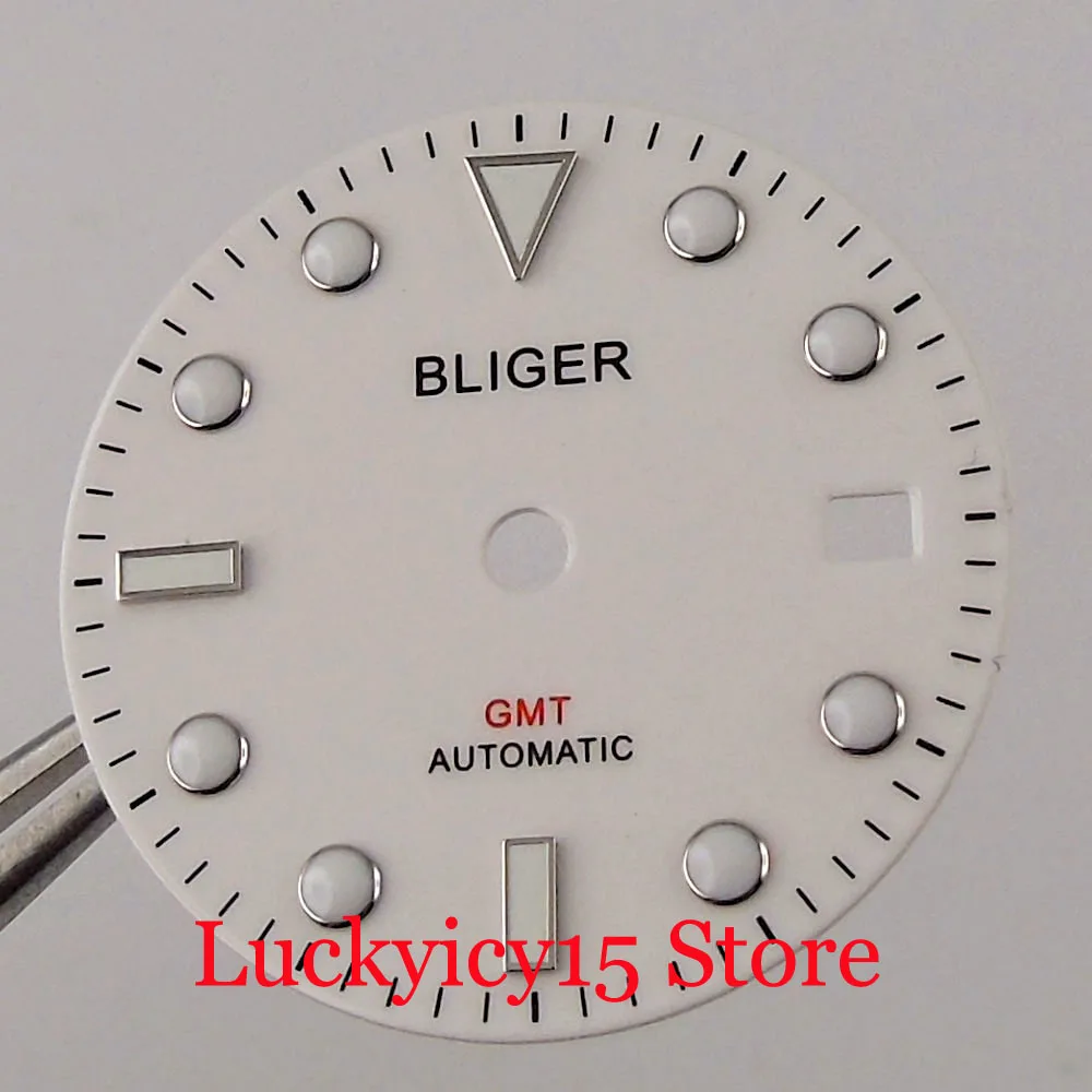 BLIGER White 31.3mm/29mm Automatic Watch Dial fit GMT MINGZHU 3804 Movement Luminoous Marks