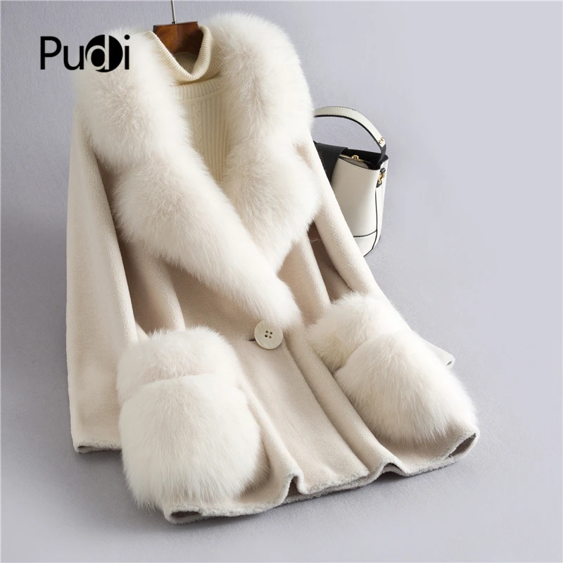 

PUDI Women's Winter Real Wool Fur Coat With Fox Fur Collar New Warm Jacket Coat Lady Long Coats Jacket Over Size Parka H628