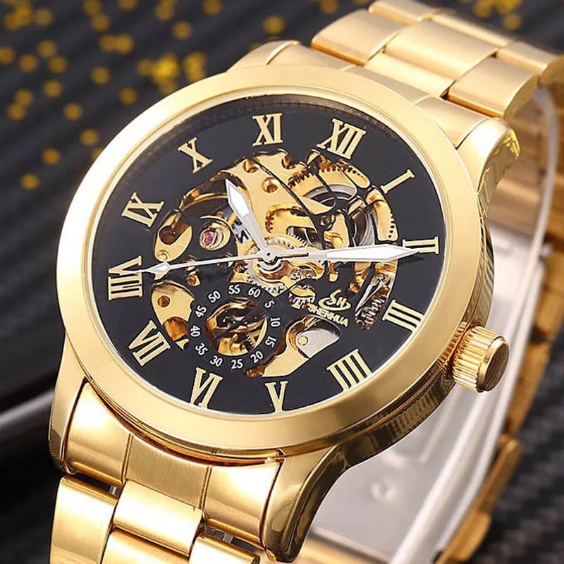 

Luxury Gold Mechanical Watch Men Skeleton Watches Stainless Steel Band Automatic Mechanical Wristwatches Men Relogio Masculino