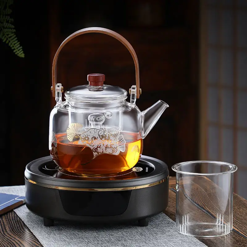 1L Glass Handle Pot With Wooden Llid Electric Pottery Cramic Stove Special Cooking Teapot Flower Tea Pot Set Induction Cooker