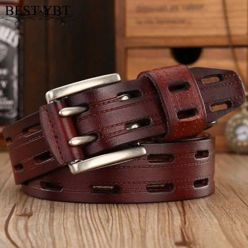 Best YBT High Quality Genuine Leather Belts for Men Brand Strap Male Double Pin Buckle Fancy Vintage Jeans Cowboy Belts