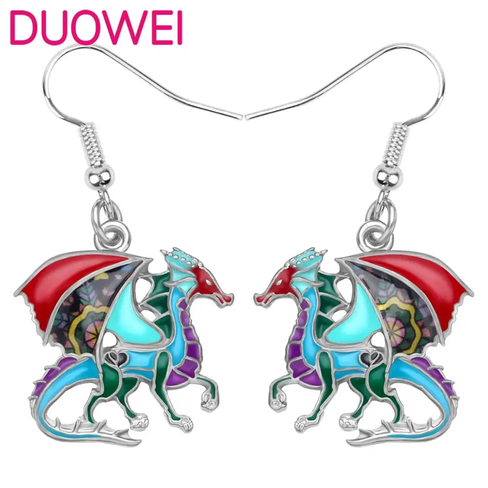 DUOWEI Enamel Alloy Anime Floral Dragon Dinosaur Earrings Drop Dangle Animal Jewelry For Women Girls Teens Charms Gift Accessory