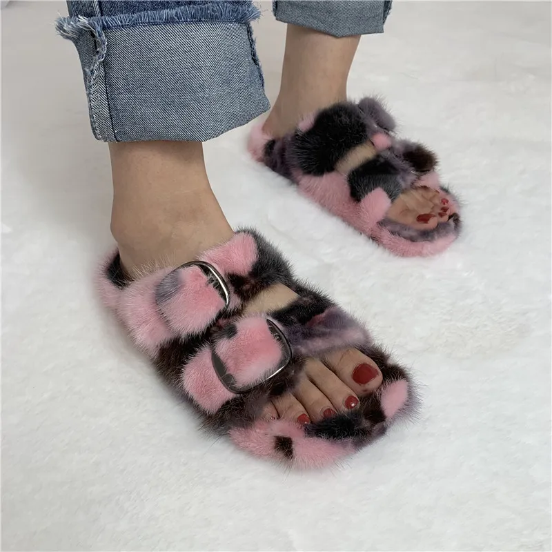 New Ladies Mink Slippers Luxury Fashion Colored  Fur  Slippers Outdoor Travel Women\'s Sandals Designer Slides  Flat Casual Shoes