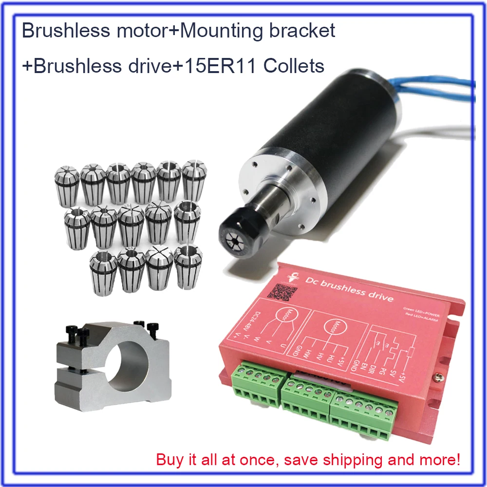 Brushless Spindle 250W 53Ncm 12000rpm DC24V 42mm Motor + Drive + Clamp & 15pcs ER11 Collets Match MACH3 for  Metal Wood PVC