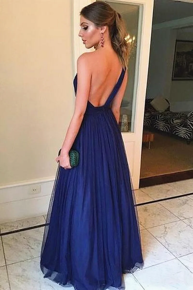 Vestido de fiesta de tul azul marino, prenda sencilla de un hombro, sin mangas, hasta el suelo, de noche con espalda descubierta