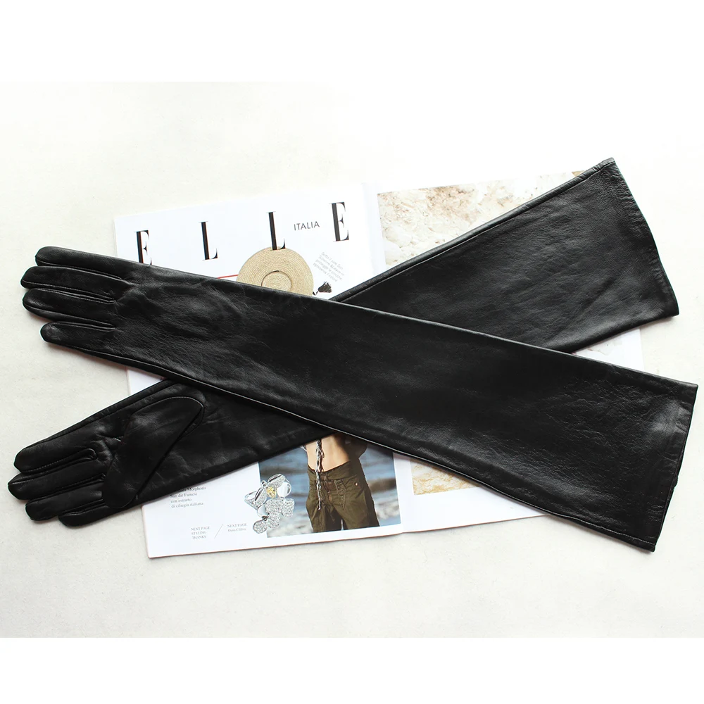 New Women's Super Long Leather Gloves Over Elbow Fashion Black Imported Sheepskin High Quality Mink Leather Touch Screen Gloves