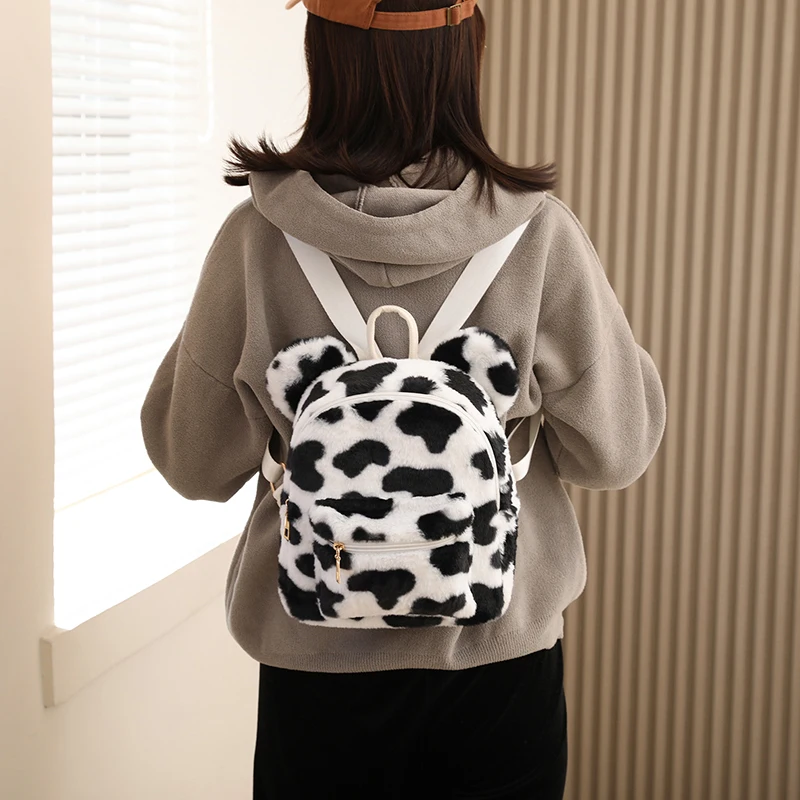 Kawaii Plaid Furry Bagpack Checkered Mini Fluffy Backpack For Women 2021 Bear Ears Plush Backpack Chessboard Fur Shoulders Bag