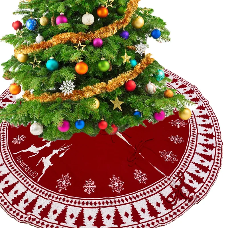 1.2m Christmas Tree Skirt Elk Double Side Knitting Carpet Xmas Floor Mat Ornaments Christmas Decorations Happy New Year 2022