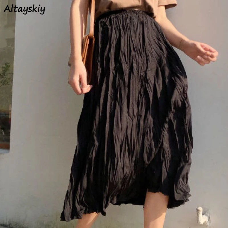 

Skirts Women Long Tender Daily Chic Ulzzang Casual Solid A Line All-match Soft Pleated Streetwear Fashion Students High Waist BF