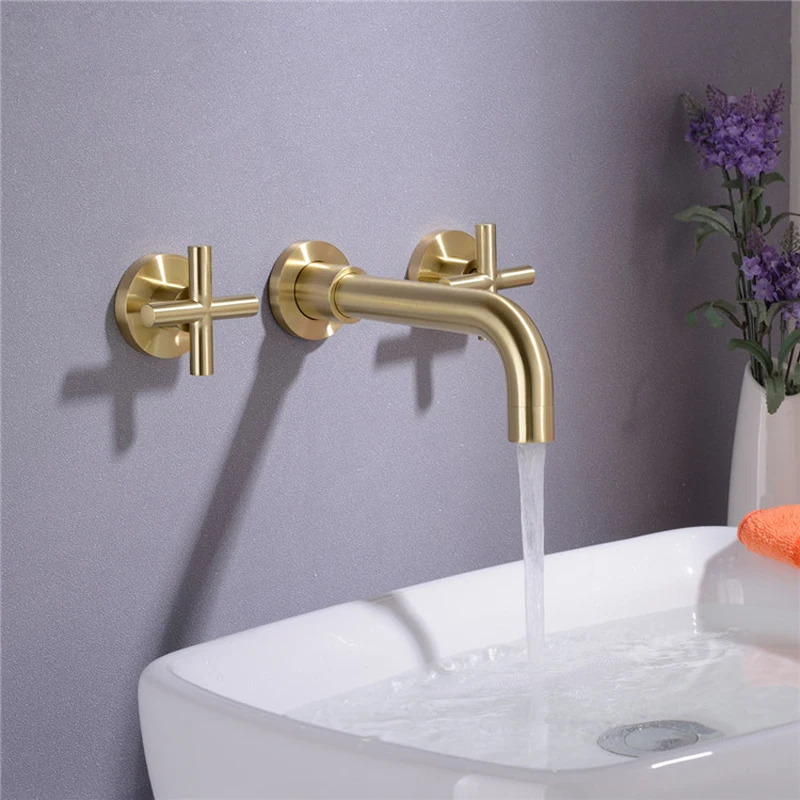 Bathroom brushed gold in-wall hot and cold basin faucet concealed bathtub outlet washbasin basin full copper split faucet