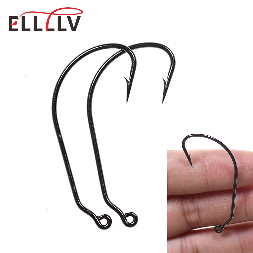 Elllv 50PCS Caroline Taxas Rig Fish Hooks High Carbon Steel Inline Worm Hook Long Shank Wide Gap Bass Fishing Jig Hook #6-#5/0