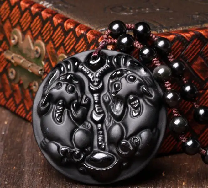 Beautiful Natural Black Obsidian Pendant Chinese Blessing Amulet Double PiXiu Lucky Pendants Beads Necklace Charm Gift Jewelry