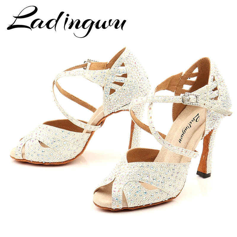 Sapatos para dança de salão, com palmilha macia, 10cm, pano brilhante, branco, para festa, salto quadrado, dança de salão
