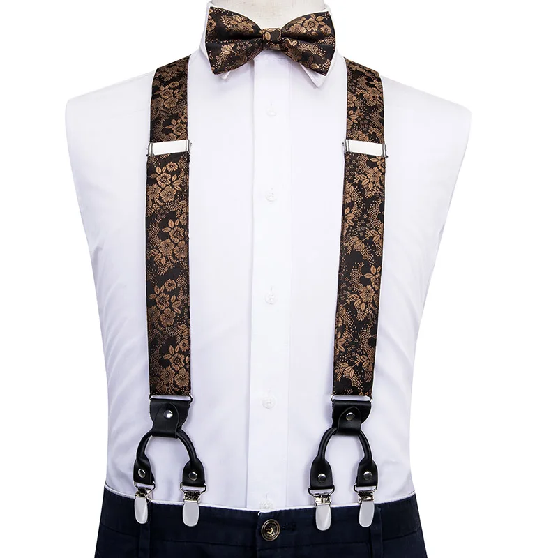 Hi-Tie – ensemble de bretelles pour hommes, 100% soie, fleurs dorées, 6 Clips, Vintage, réglables, nœud papillon, boutons de manchette Hanky, bretelles arrières