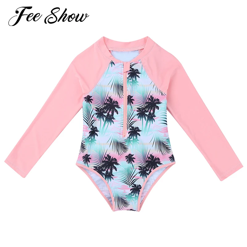 Kids Girls One Piece Surfing Swimsuit Beachwear Rash Guard Long Sleeves Palm Printed Zippered Swimming Bathing Suit Swimwear