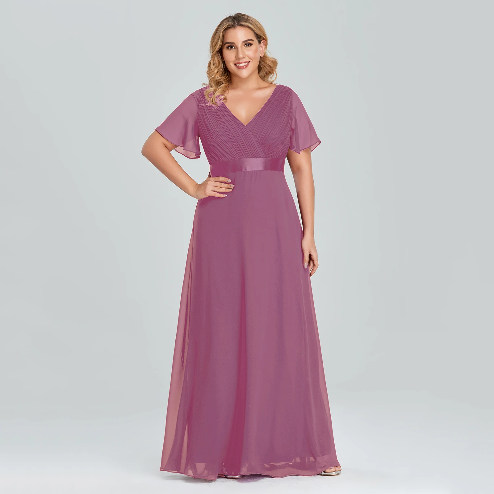 Plus Size Avondjurken Lange Xucthhc Elegant Een Line V-hals Ruches Chiffon Formele Wedding Party Dress Robe De Soiree 2021