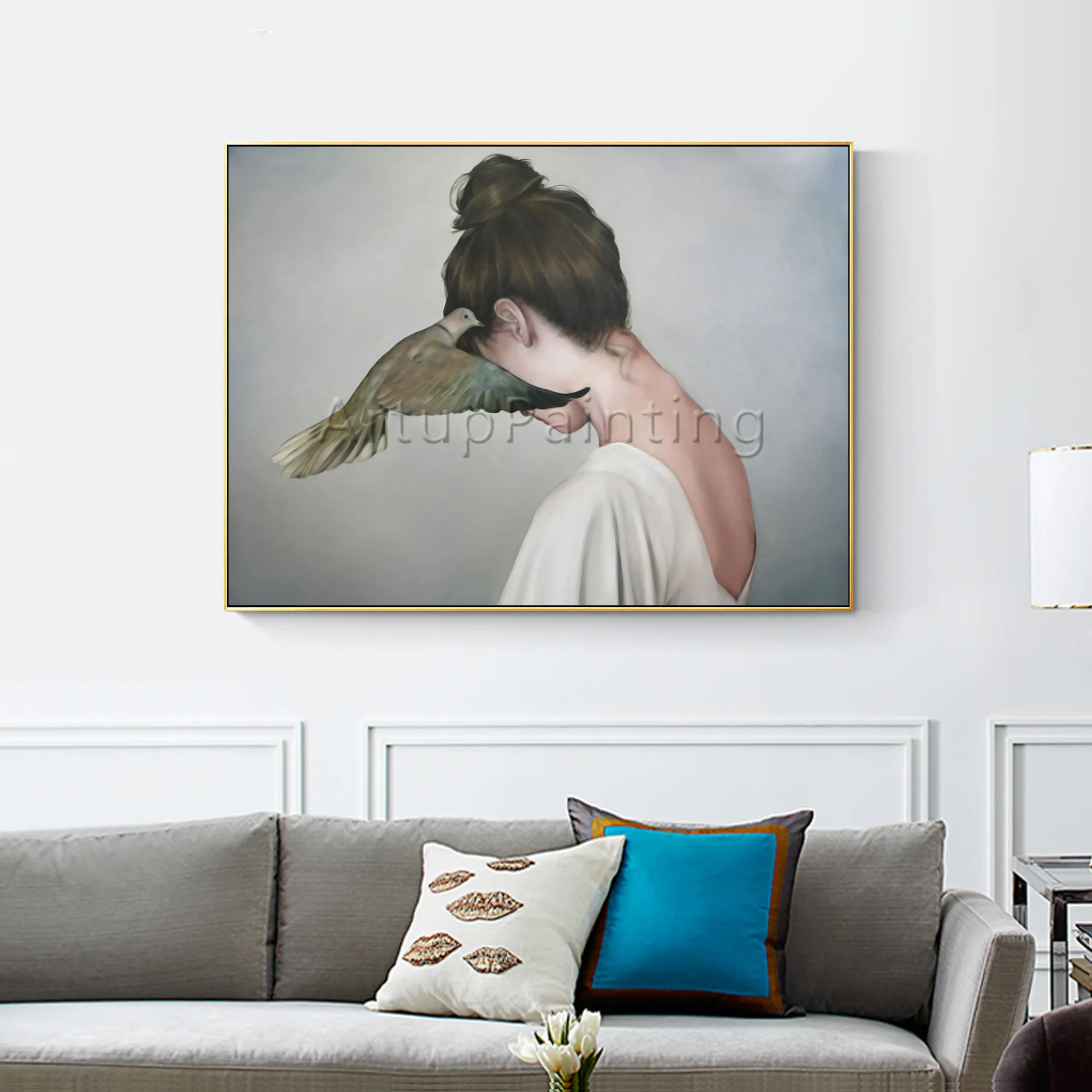 Hand Painted Original oil painting on canvas woman potrait and bird painting for living room Wall Art Home Decoration