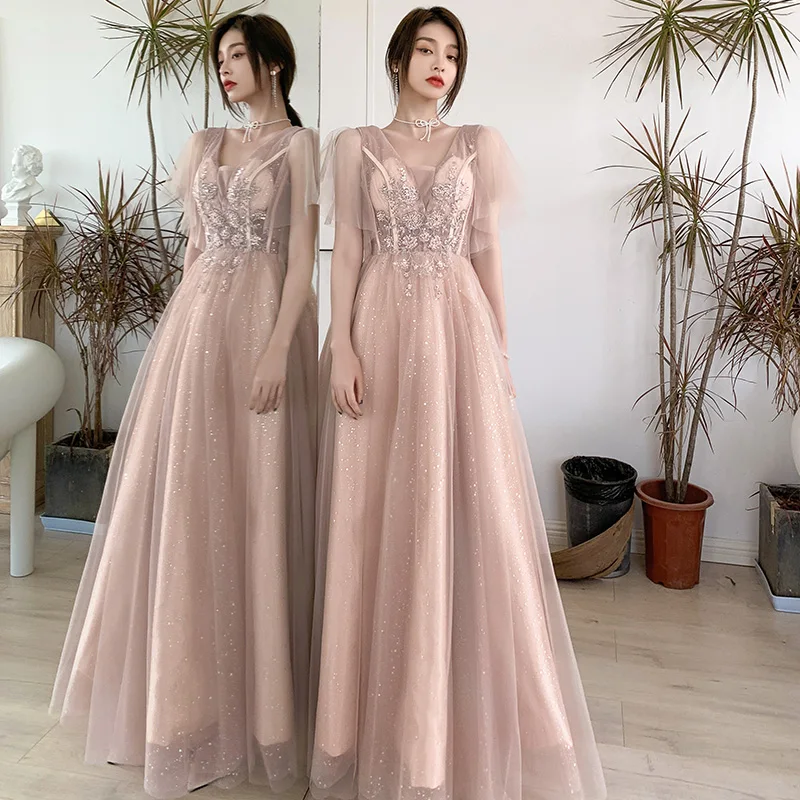 Robe de soiree Pink lace up with Appliques Flowers long Elegant Evening Dress Formal Bride Wedding Banquet Fall Prom Party Dress