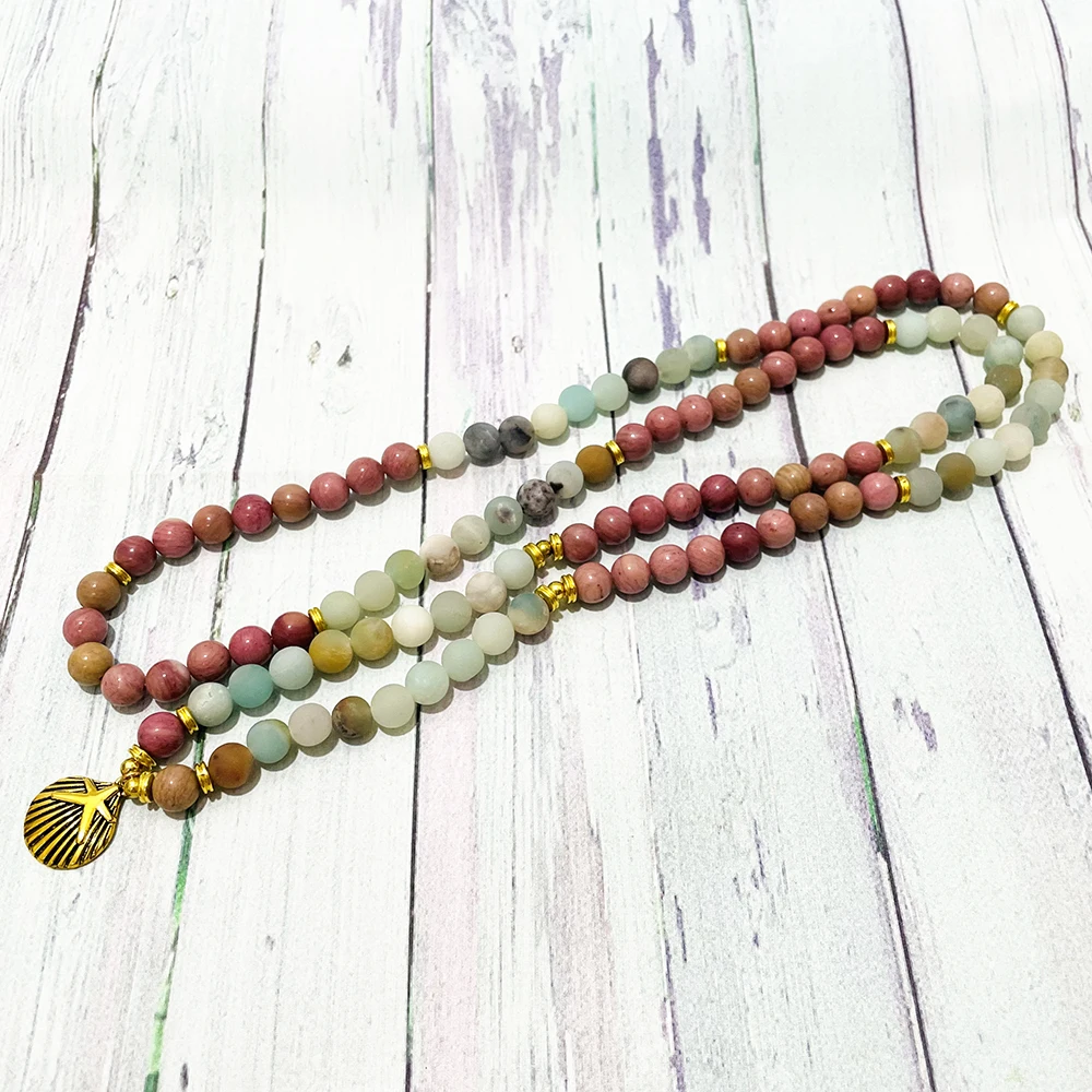 SN1540 Women`s Natutal Rhodonite 108 Mala Bracelet Matte Amazonite Shell Charm Mala Necklace Mala Bead Meditation Yoga Bracelet