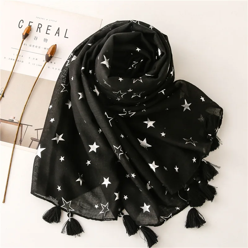 2023 Fashion Iron Silver Star Tassel Viscose Shawl Scarf Women High Quality Autumn Winter Foulard Muslim Hijab Sjaal 180*90Cm