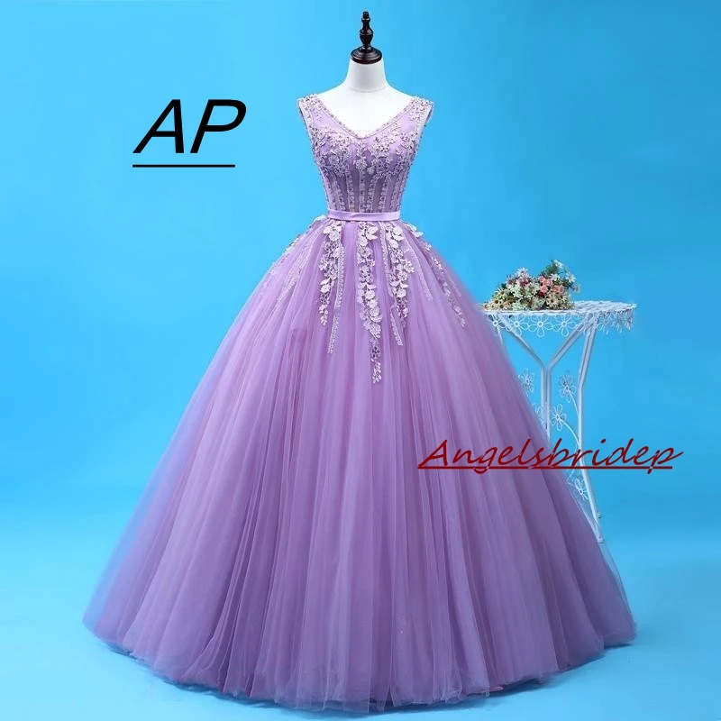 Vestido de quinceañera lila con cuello en v para fiesta, traje Sexy Formal con apliques de flores 3D, hasta el suelo, tul dulce 16, vestidos de princesa, 2021