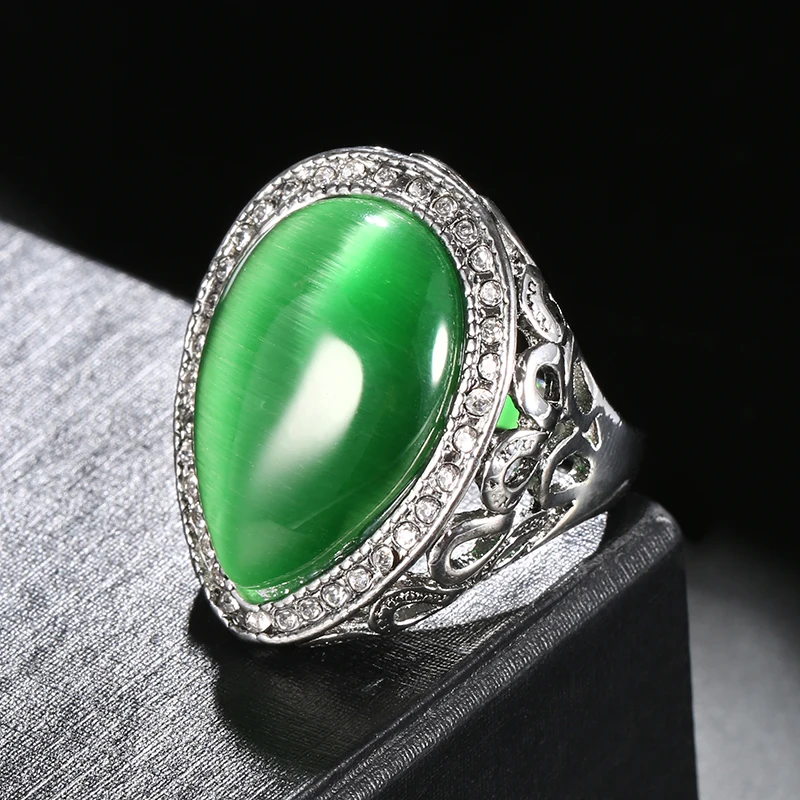 Kinel Female Water Drop Green Opal Big Rings Antique Silver Color Vintage Jewelry For Wedding Party Ring WK-2000