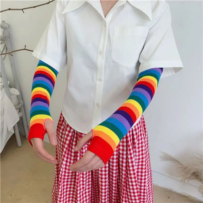 

Women Girl Harajuku Elbow Length Fingerless Arm Sleeve Warmer Rainbow Colored Striped Knitted Sunscreen Halloween Costume Gloves