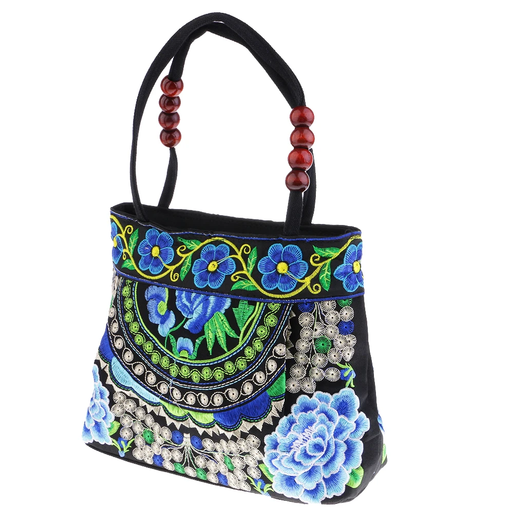 Floral Embroidery Travel Shoulder Bag - Boho Double-side Embroidered Flower Canvas Bag for Women